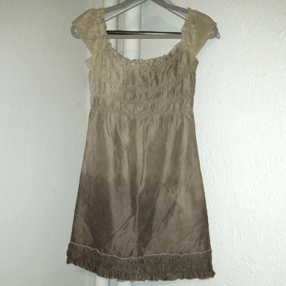 Theory Mini Dress Scoop Neck Tan Light Brown Ombre Smocked Top Designer XS - Picture 5 of 9